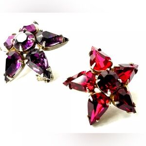 Vintage 1950's Silver Tone Rhinestone 5 Point Pin- Red & Purple Set- MCM